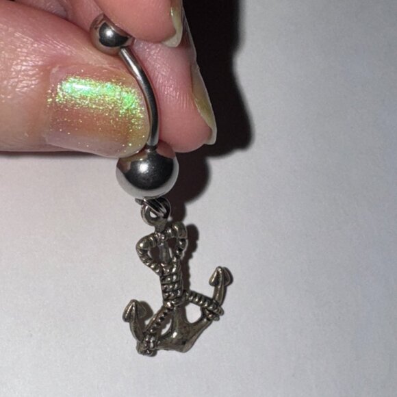 Large Anchor with Rope and Aqua Blue Gem Dangle Belly Ring - Picture 4 of 8